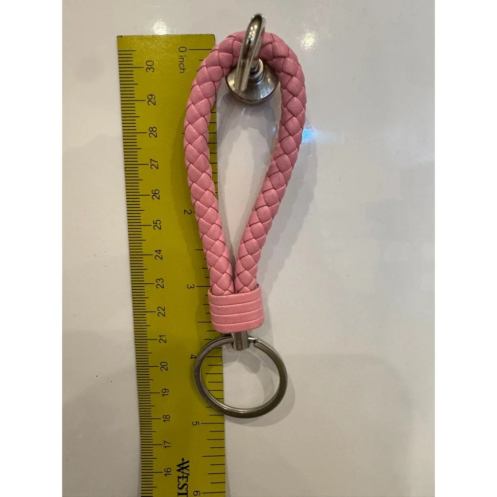 Pink Braided Wristlet Keychain Woven Loop Faux Leather Key Ring Silver Hardware